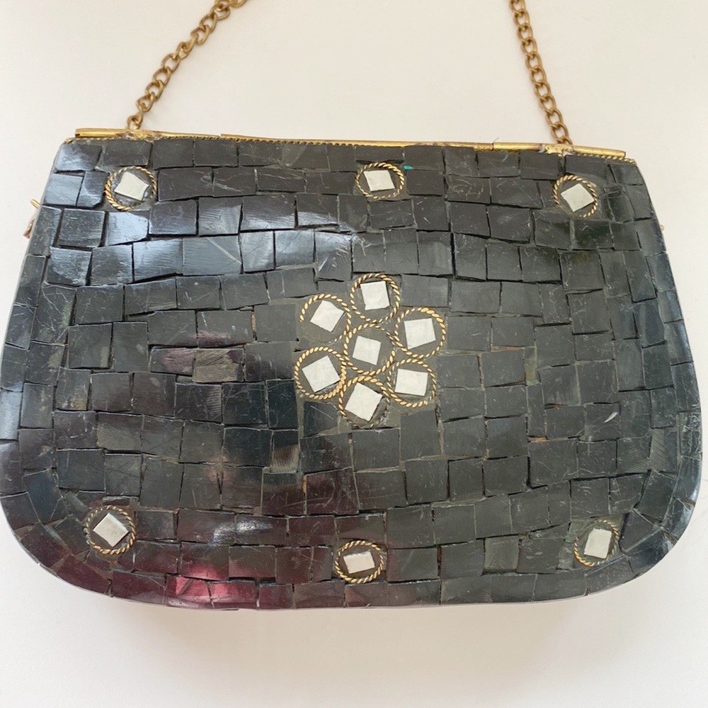 Antik Kraft Mosaic Inlay Hard Shell Metal Crossbody Clutch Purse Boho - Picture 8 of 10